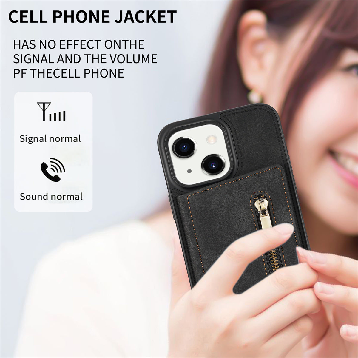 Zipper Pocket Leather Coated TPU Case for iPhone 15 , Kickstand Wallet Cell Phone Cover - Black