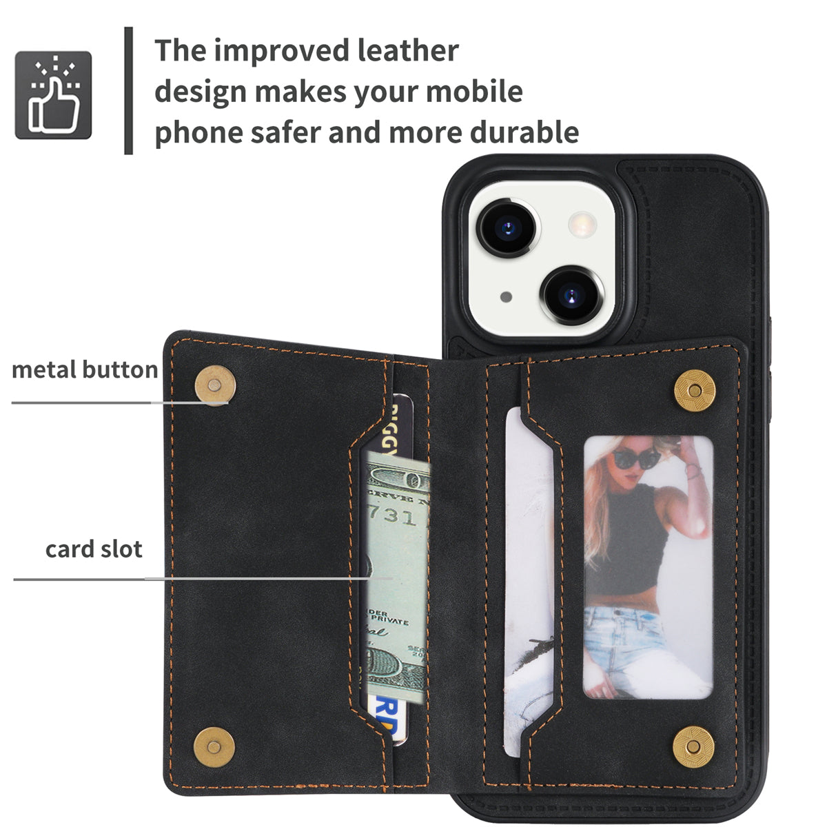 Zipper Pocket Leather Coated TPU Case for iPhone 15 , Kickstand Wallet Cell Phone Cover - Black