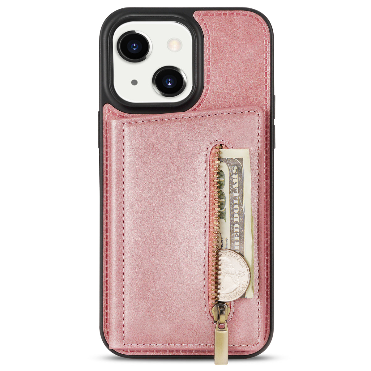 Zipper Pocket Leather Coated TPU Case for iPhone 15 , Kickstand Wallet Cell Phone Cover - Rose Gold