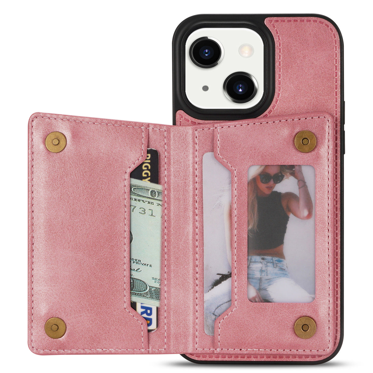 Zipper Pocket Leather Coated TPU Case for iPhone 15 , Kickstand Wallet Cell Phone Cover - Rose Gold