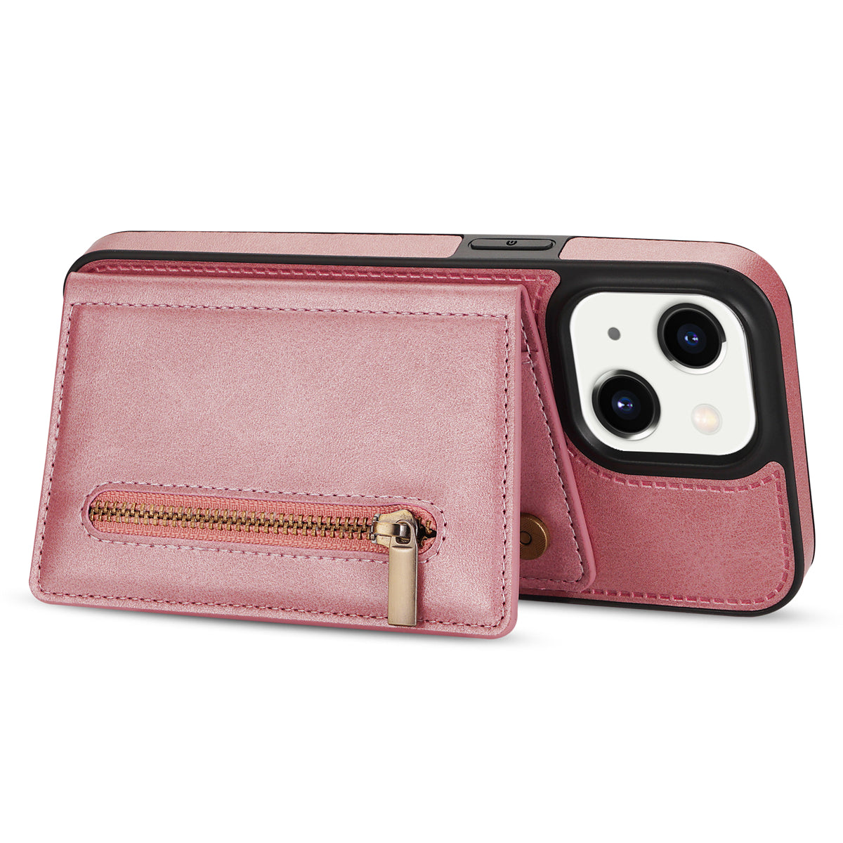 Zipper Pocket Leather Coated TPU Case for iPhone 15 , Kickstand Wallet Cell Phone Cover - Rose Gold