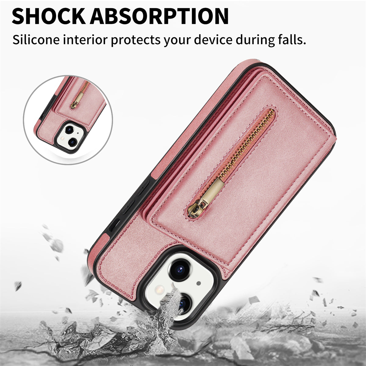 Zipper Pocket Leather Coated TPU Case for iPhone 15 , Kickstand Wallet Cell Phone Cover - Rose Gold