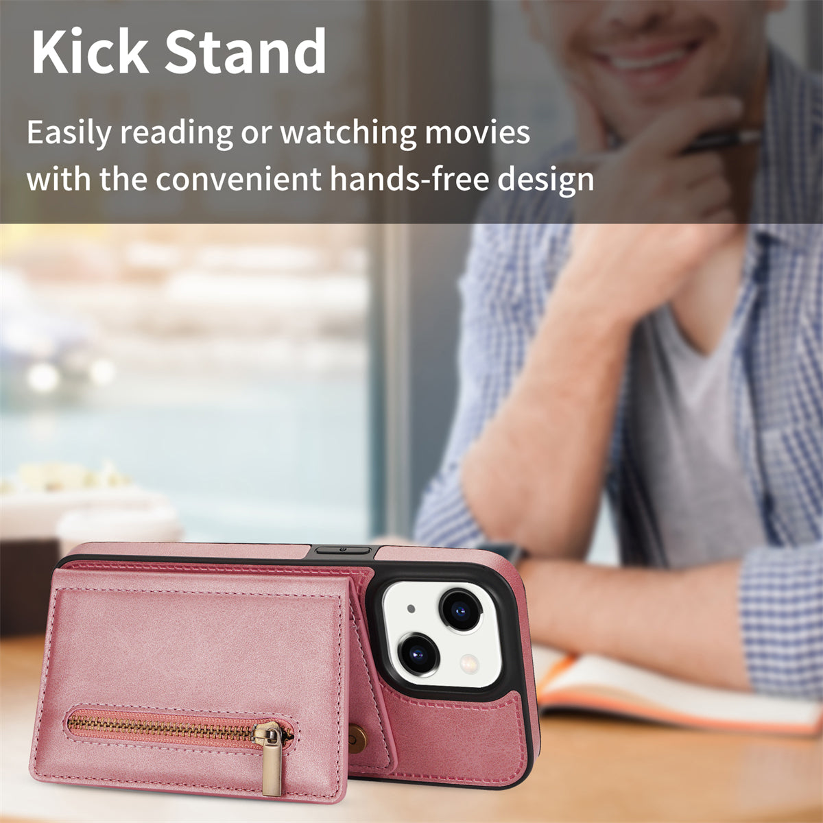 Zipper Pocket Leather Coated TPU Case for iPhone 15 , Kickstand Wallet Cell Phone Cover - Rose Gold