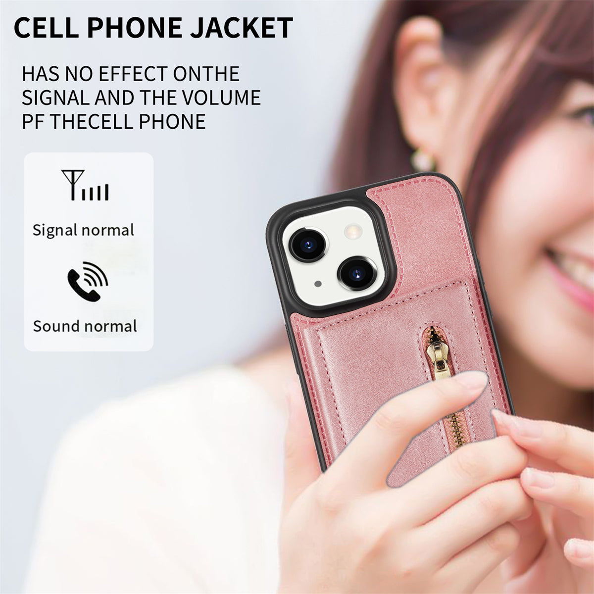 Zipper Pocket Leather Coated TPU Case for iPhone 15 , Kickstand Wallet Cell Phone Cover - Rose Gold