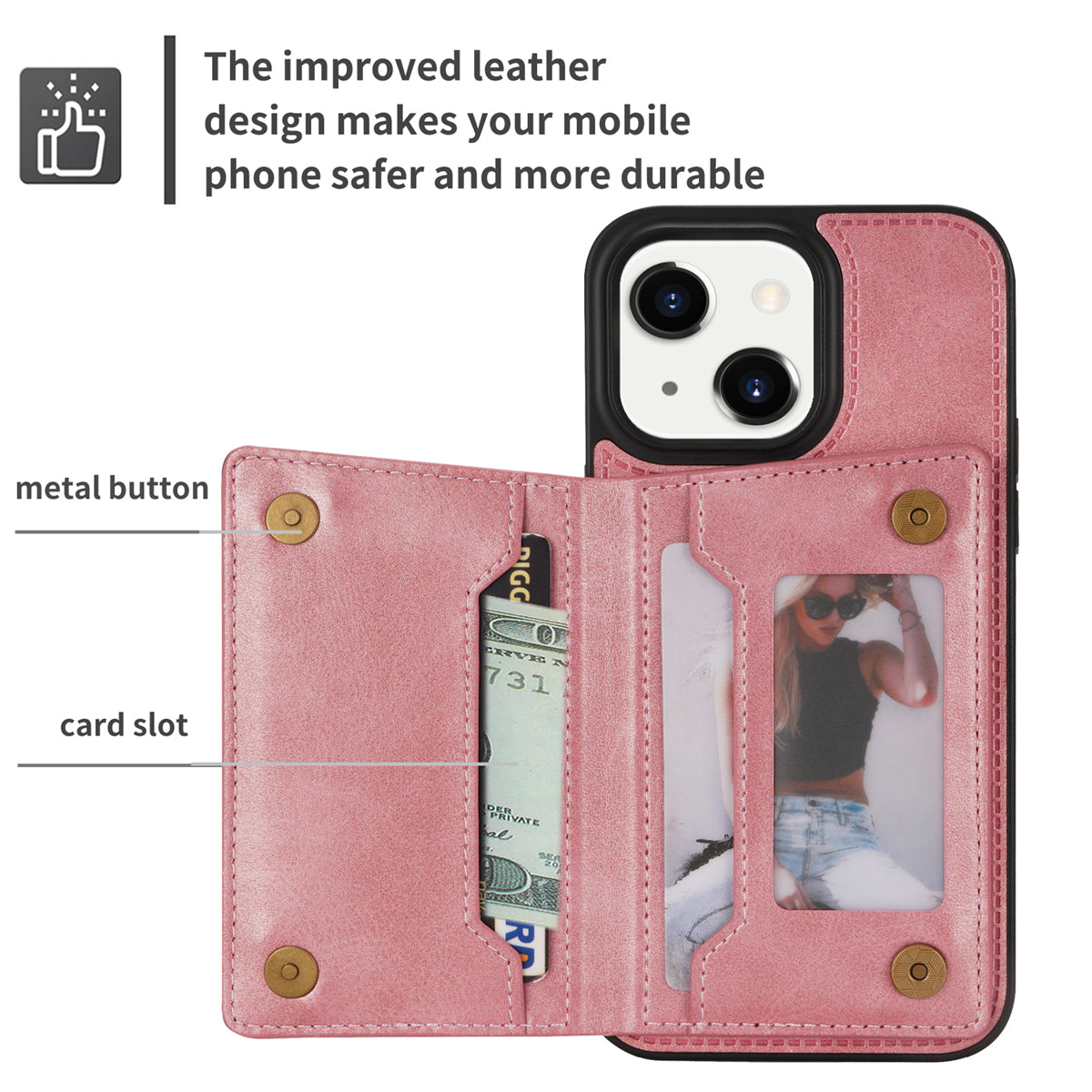Zipper Pocket Leather Coated TPU Case for iPhone 15 , Kickstand Wallet Cell Phone Cover - Rose Gold
