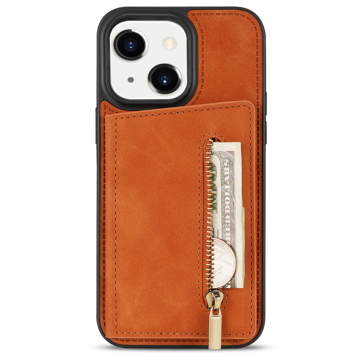 Zipper Pocket Leather Coated TPU Case for iPhone 15 , Kickstand Wallet Cell Phone Cover - Brown