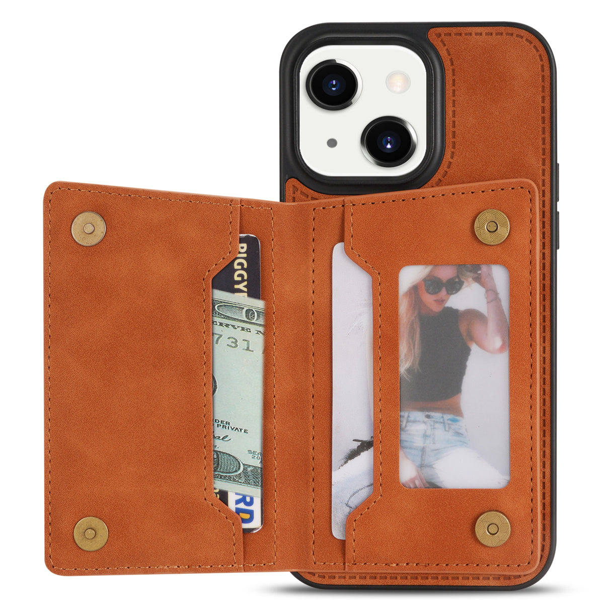 Zipper Pocket Leather Coated TPU Case for iPhone 15 , Kickstand Wallet Cell Phone Cover - Brown