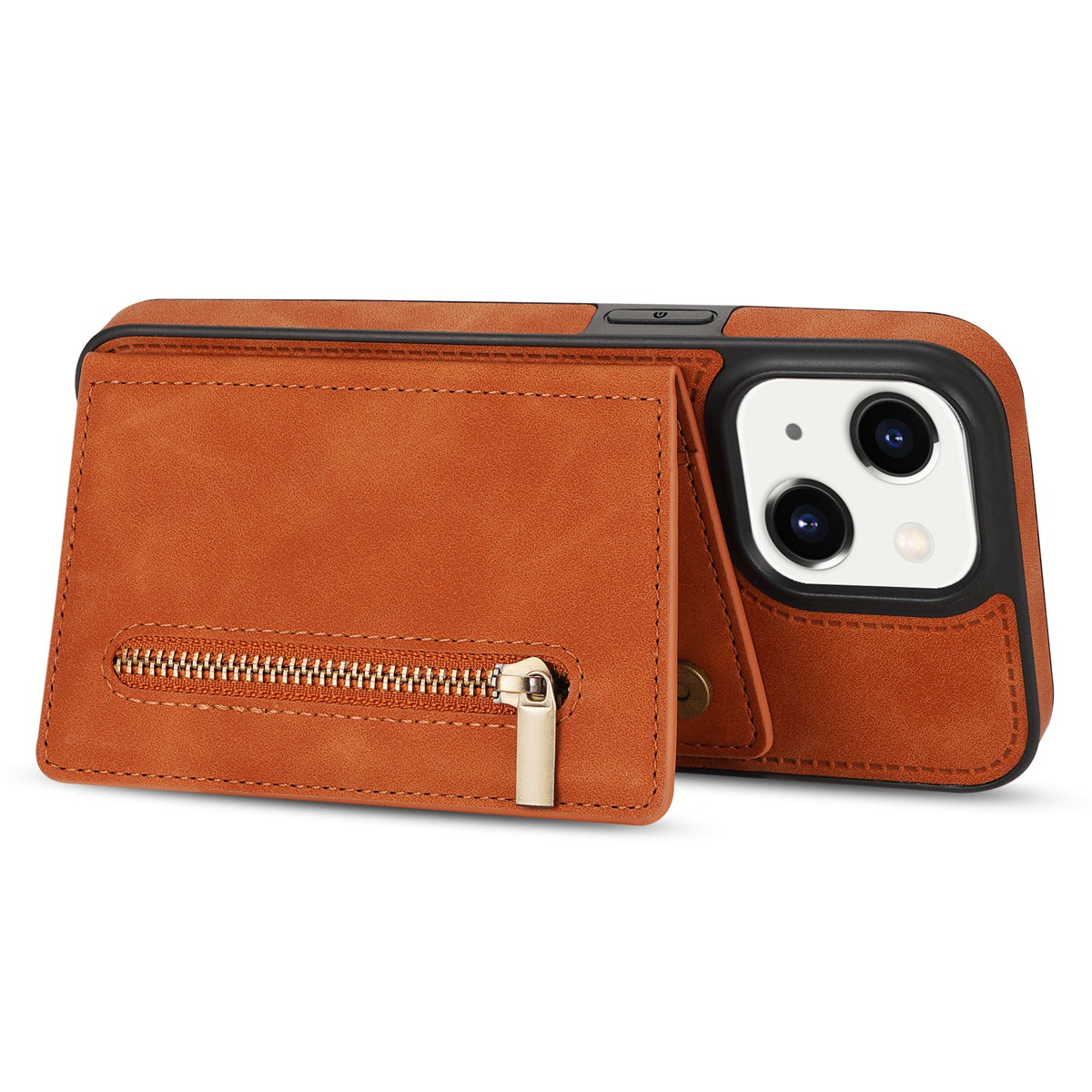 Zipper Pocket Leather Coated TPU Case for iPhone 15 , Kickstand Wallet Cell Phone Cover - Brown