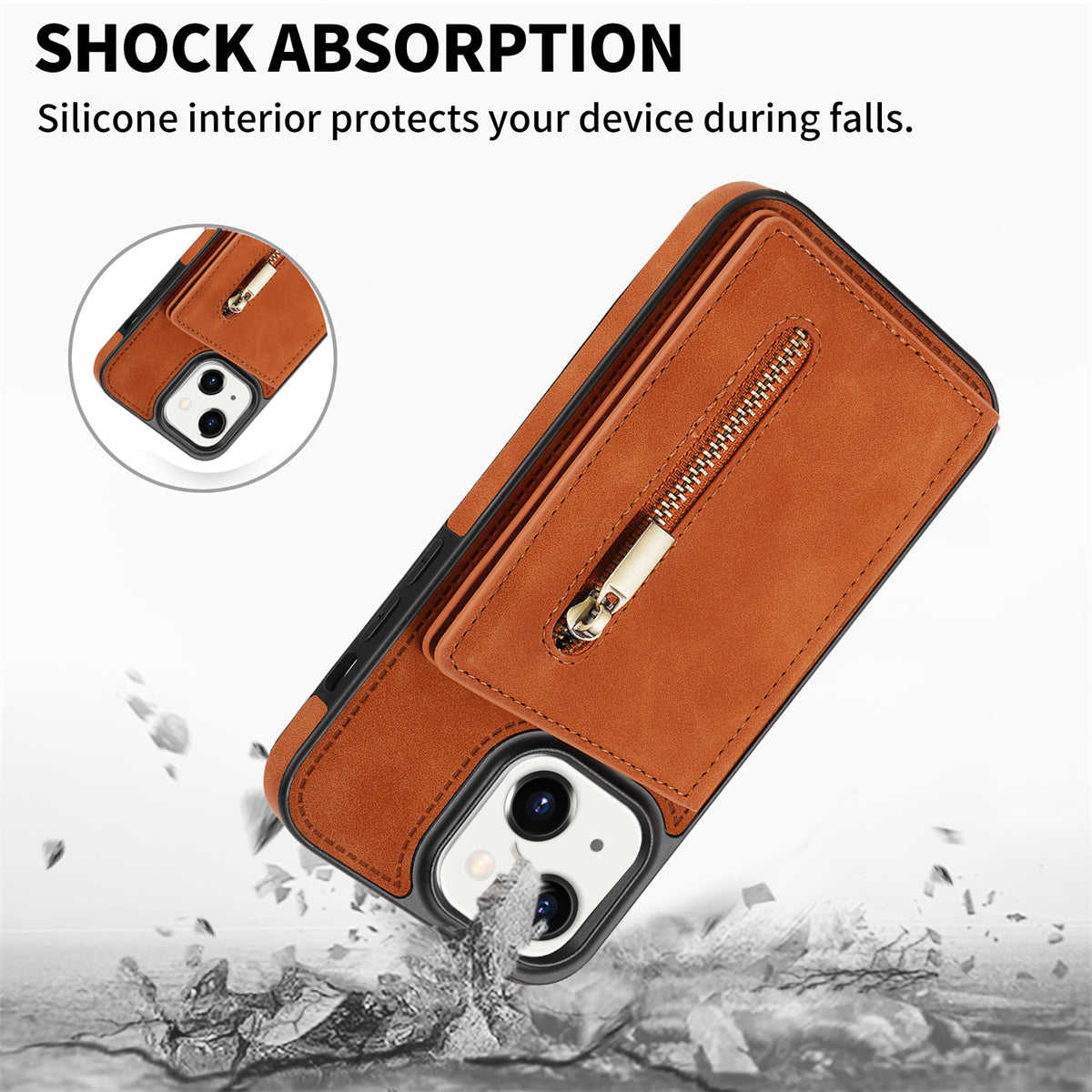 Zipper Pocket Leather Coated TPU Case for iPhone 15 , Kickstand Wallet Cell Phone Cover - Brown