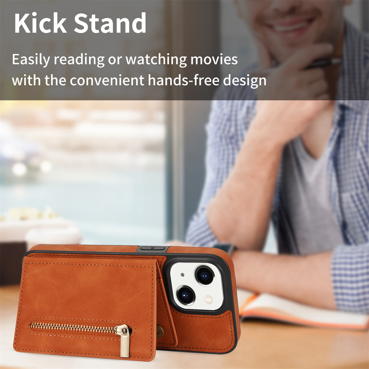 Zipper Pocket Leather Coated TPU Case for iPhone 15 , Kickstand Wallet Cell Phone Cover - Brown