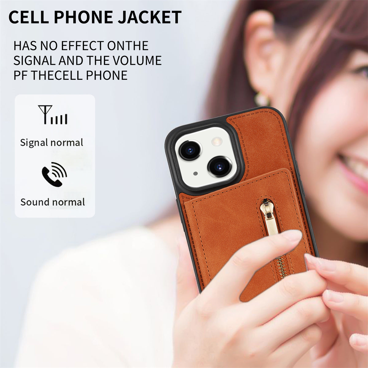 Zipper Pocket Leather Coated TPU Case for iPhone 15 , Kickstand Wallet Cell Phone Cover - Brown