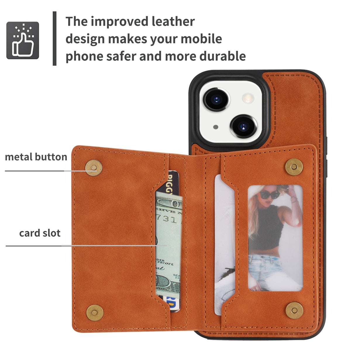Zipper Pocket Leather Coated TPU Case for iPhone 15 , Kickstand Wallet Cell Phone Cover - Brown