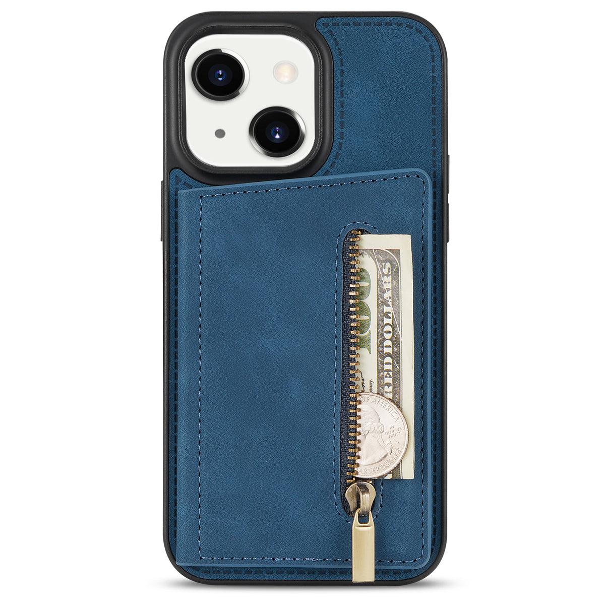 Zipper Pocket Leather Coated TPU Case for iPhone 15 , Kickstand Wallet Cell Phone Cover - Blue