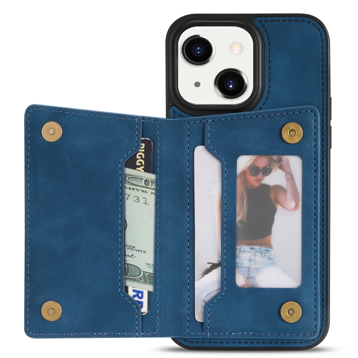 Zipper Pocket Leather Coated TPU Case for iPhone 15 , Kickstand Wallet Cell Phone Cover - Blue