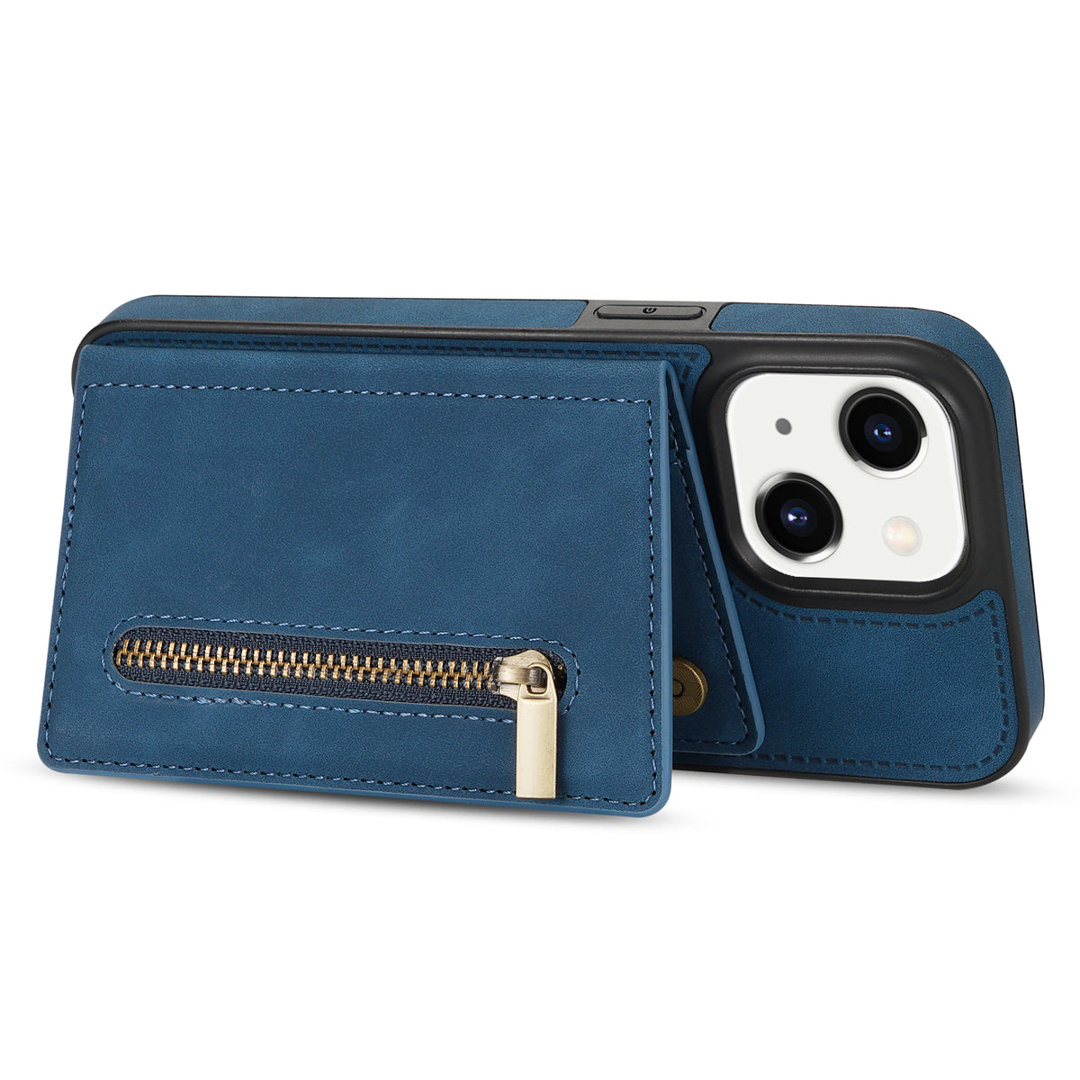 Zipper Pocket Leather Coated TPU Case for iPhone 15 , Kickstand Wallet Cell Phone Cover - Blue