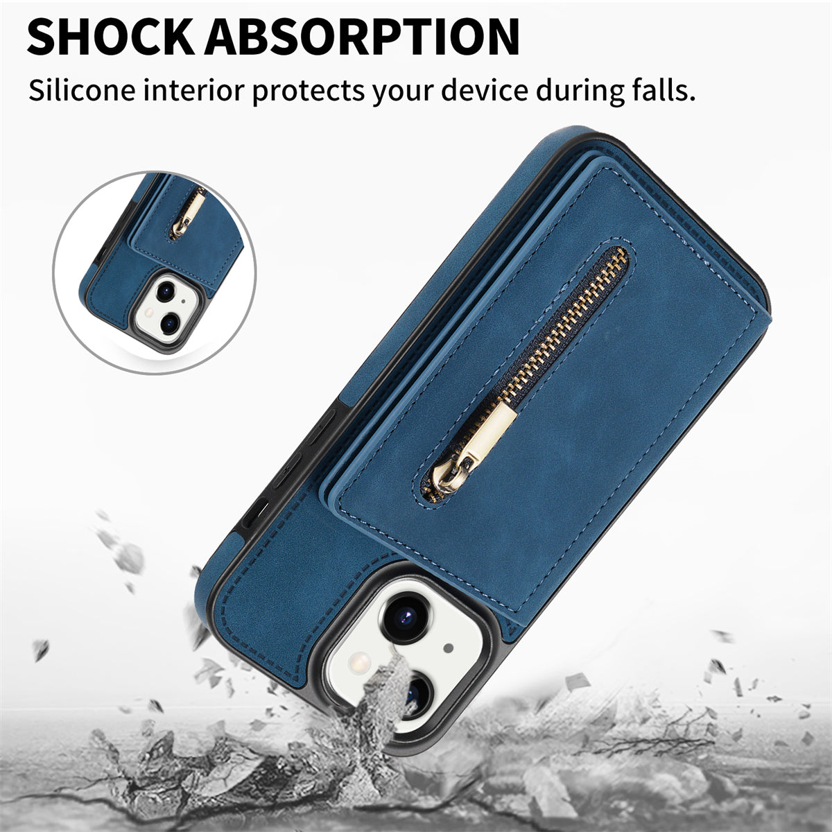Zipper Pocket Leather Coated TPU Case for iPhone 15 , Kickstand Wallet Cell Phone Cover - Blue