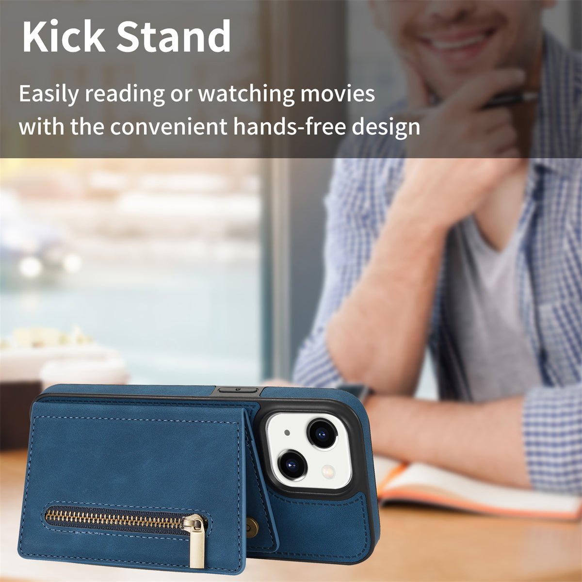Zipper Pocket Leather Coated TPU Case for iPhone 15 , Kickstand Wallet Cell Phone Cover - Blue