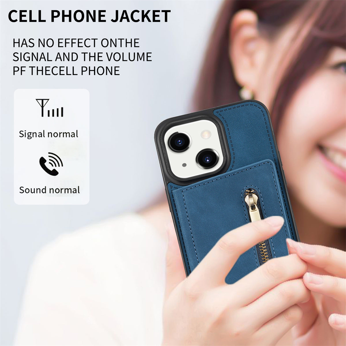 Zipper Pocket Leather Coated TPU Case for iPhone 15 , Kickstand Wallet Cell Phone Cover - Blue
