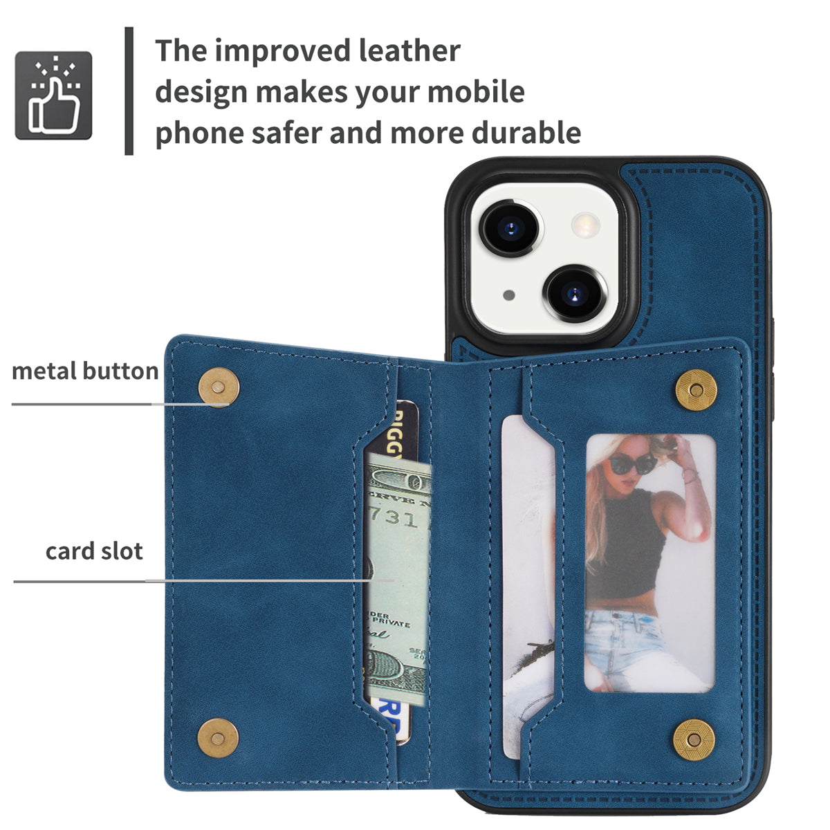 Zipper Pocket Leather Coated TPU Case for iPhone 15 , Kickstand Wallet Cell Phone Cover - Blue