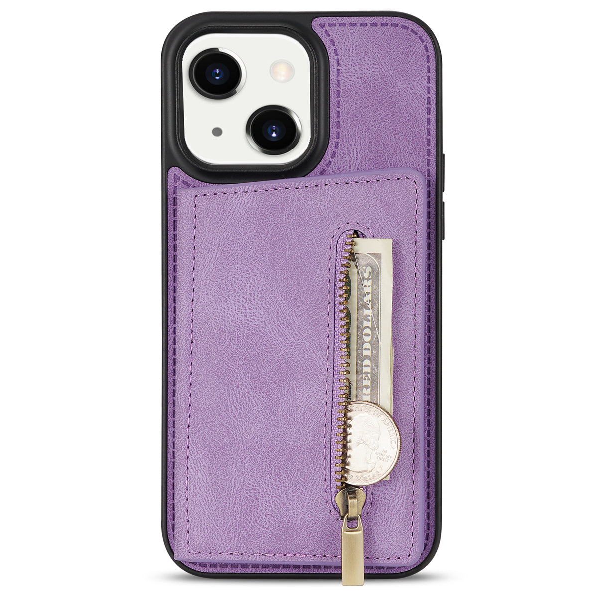 Zipper Pocket Leather Coated TPU Case for iPhone 15 , Kickstand Wallet Cell Phone Cover - Purple