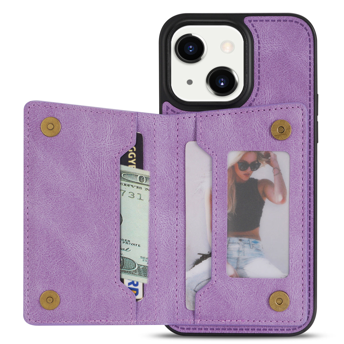 Zipper Pocket Leather Coated TPU Case for iPhone 15 , Kickstand Wallet Cell Phone Cover - Purple