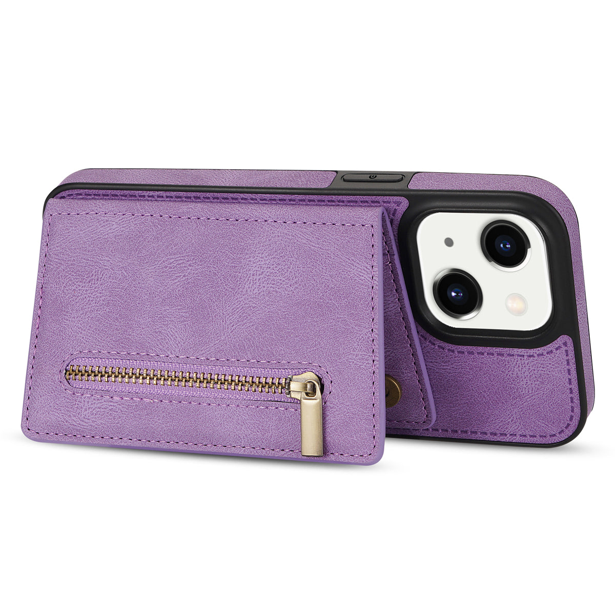 Zipper Pocket Leather Coated TPU Case for iPhone 15 , Kickstand Wallet Cell Phone Cover - Purple