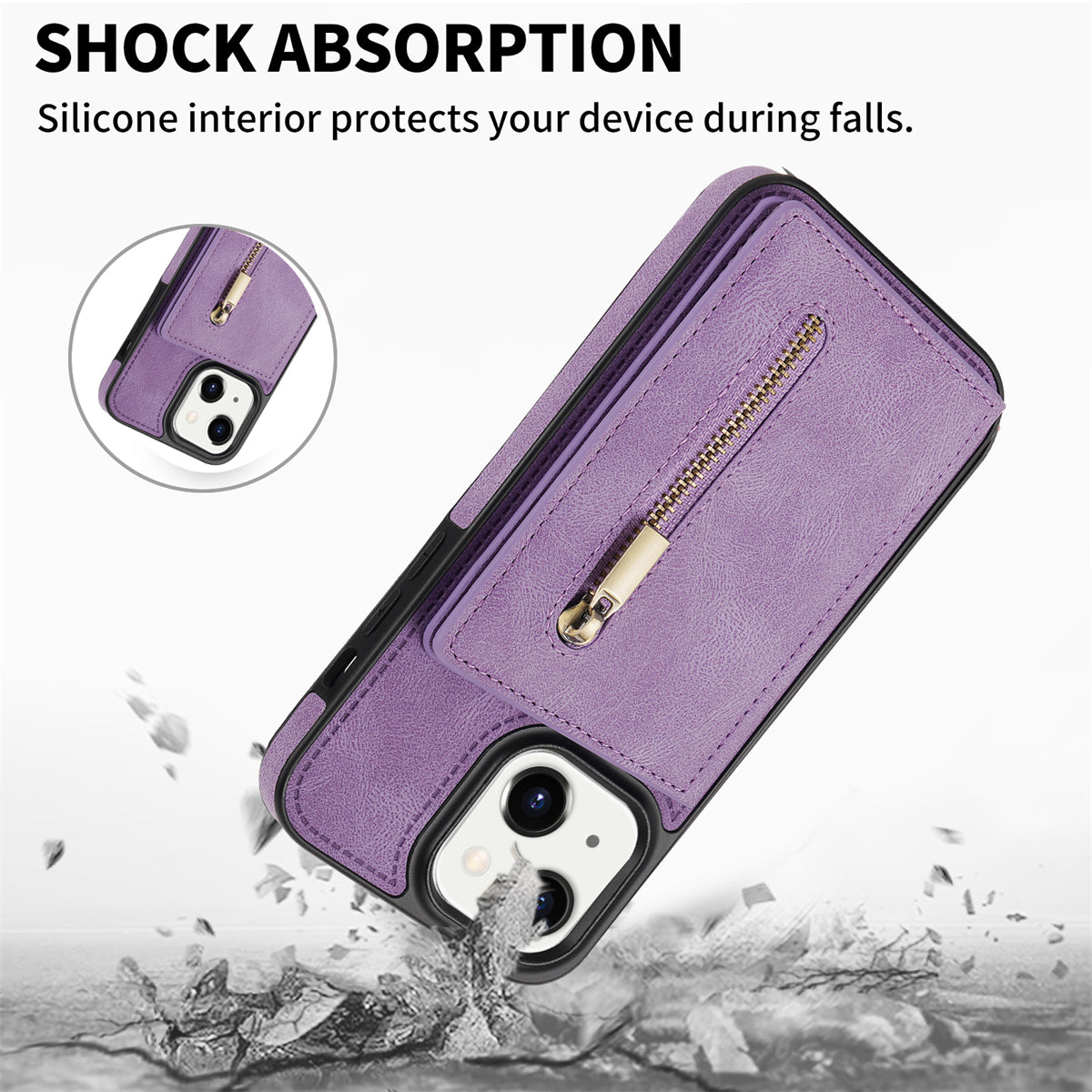 Zipper Pocket Leather Coated TPU Case for iPhone 15 , Kickstand Wallet Cell Phone Cover - Purple