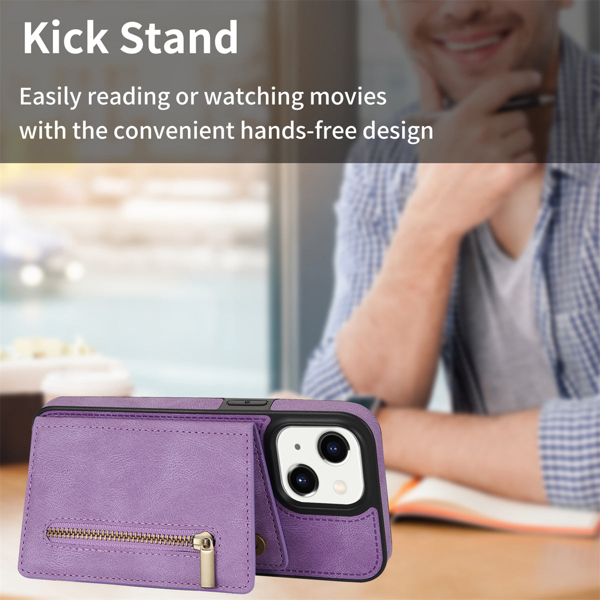 Zipper Pocket Leather Coated TPU Case for iPhone 15 , Kickstand Wallet Cell Phone Cover - Purple