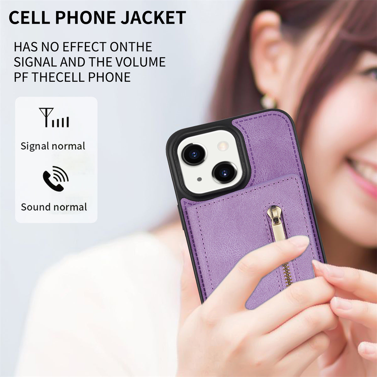 Zipper Pocket Leather Coated TPU Case for iPhone 15 , Kickstand Wallet Cell Phone Cover - Purple