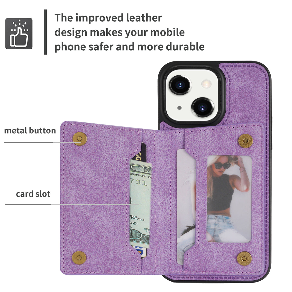 Zipper Pocket Leather Coated TPU Case for iPhone 15 , Kickstand Wallet Cell Phone Cover - Purple