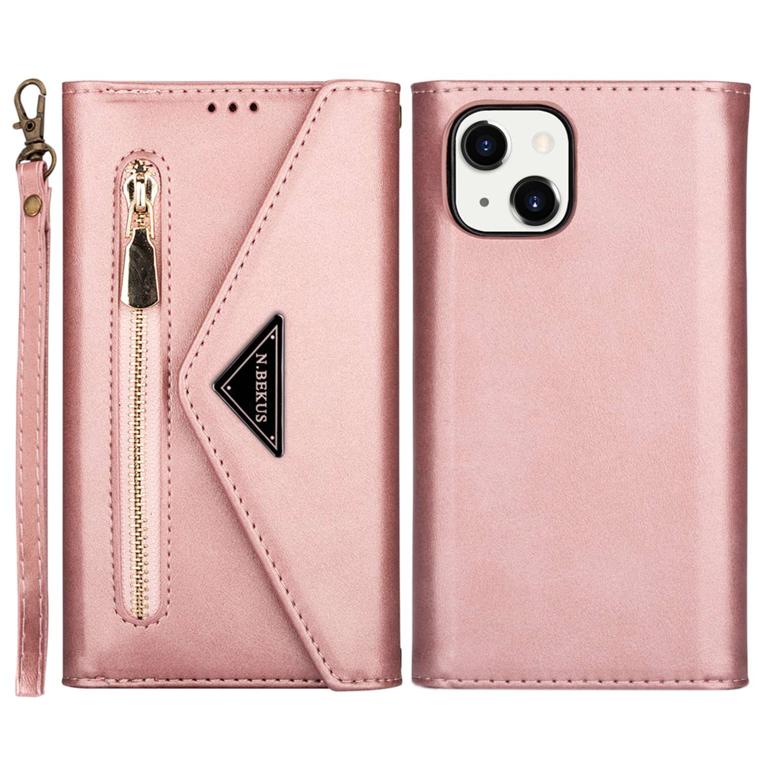 Uniqkart For iPhone 15 PU Leather Zipper Pocket Wallet Case Phone Stand Cover with Short + Long Strap - Rose Gold