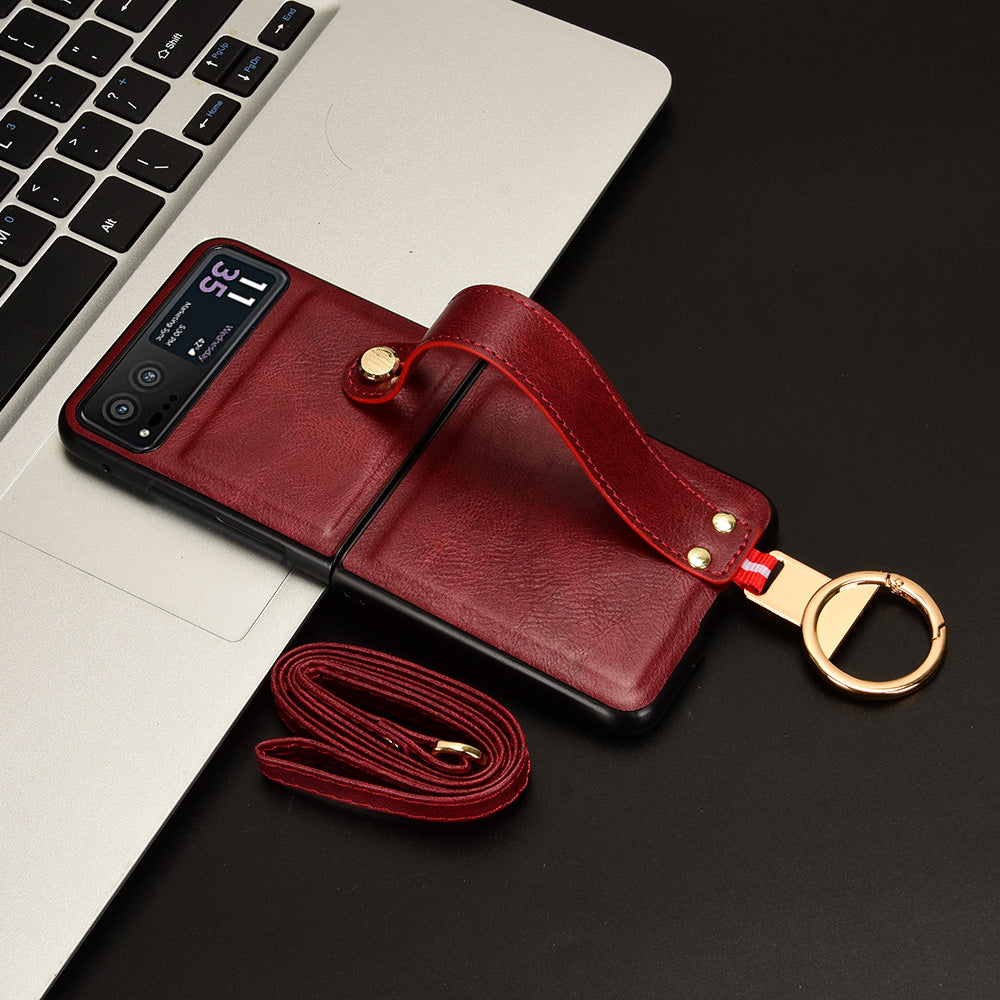 Wristband Phone Cover for Motorola Razr 40 5G , Leather Coating PC+TPU Back Case with Neck Strap - Red