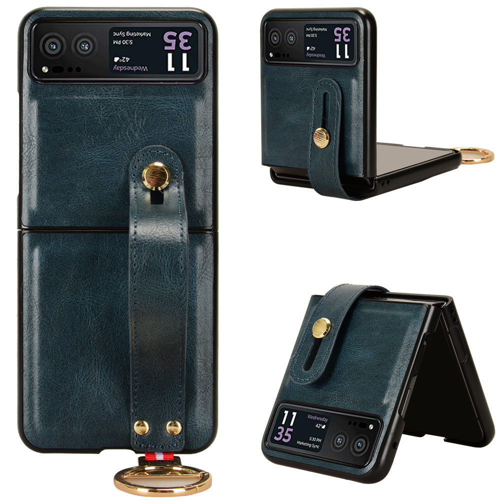 Wristband Phone Cover for Motorola Razr 40 5G , Leather Coating PC+TPU Back Case with Neck Strap - Blue