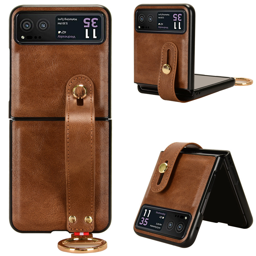 Wristband Phone Cover for Motorola Razr 40 5G , Leather Coating PC+TPU Back Case with Neck Strap - Brown