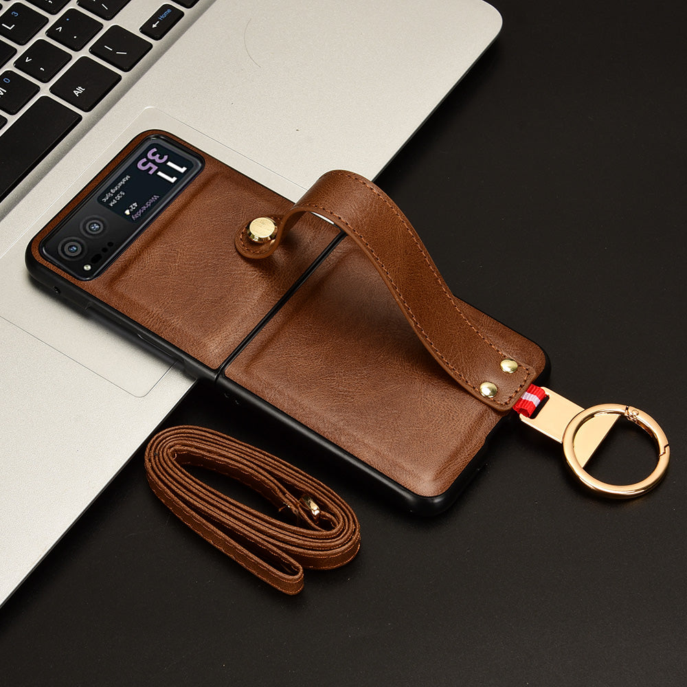 Wristband Phone Cover for Motorola Razr 40 5G , Leather Coating PC+TPU Back Case with Neck Strap - Brown