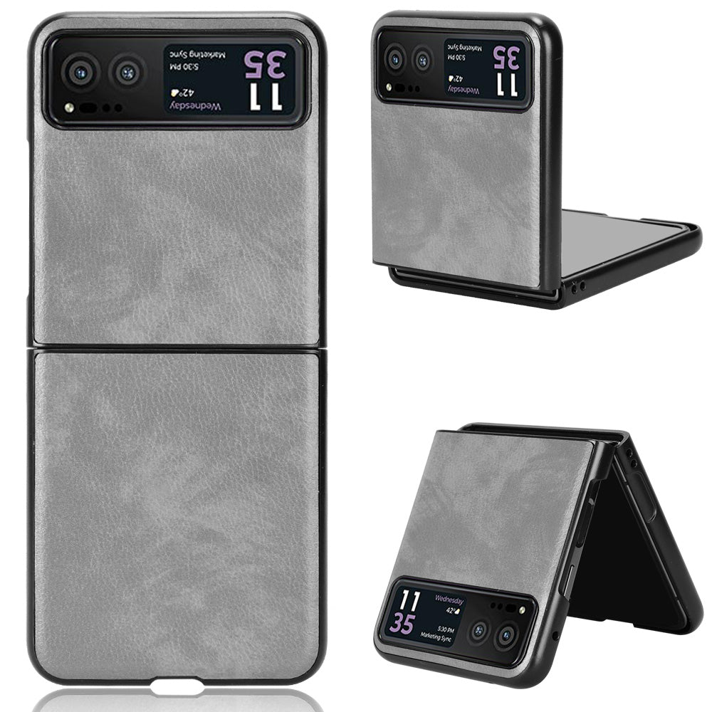 Uniqkart for Motorola Razr 40 5G Phone Back Case PU Leather Coated PC Litchi Texture Protection Phone Cover - Grey