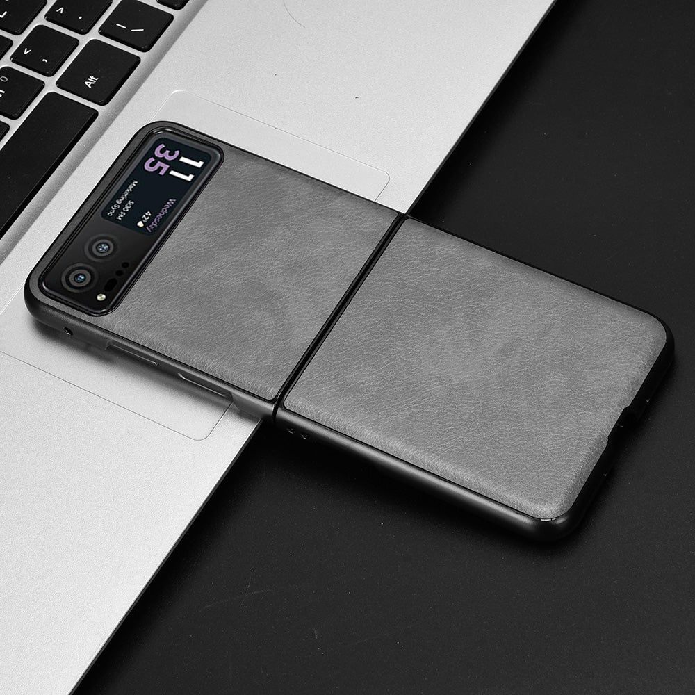 Uniqkart for Motorola Razr 40 5G Phone Back Case PU Leather Coated PC Litchi Texture Protection Phone Cover - Grey