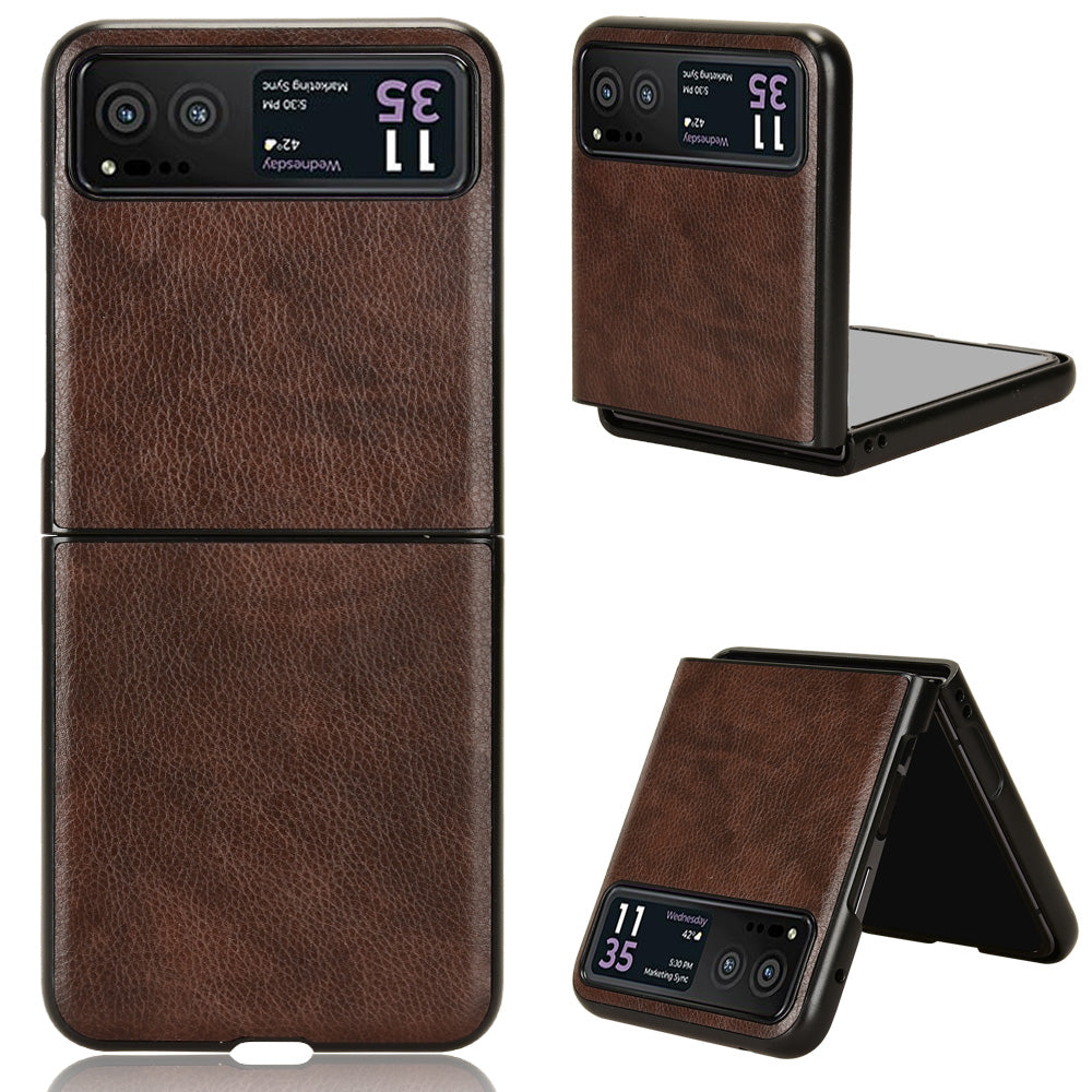 Uniqkart for Motorola Razr 40 5G Phone Back Case PU Leather Coated PC Litchi Texture Protection Phone Cover - Brown