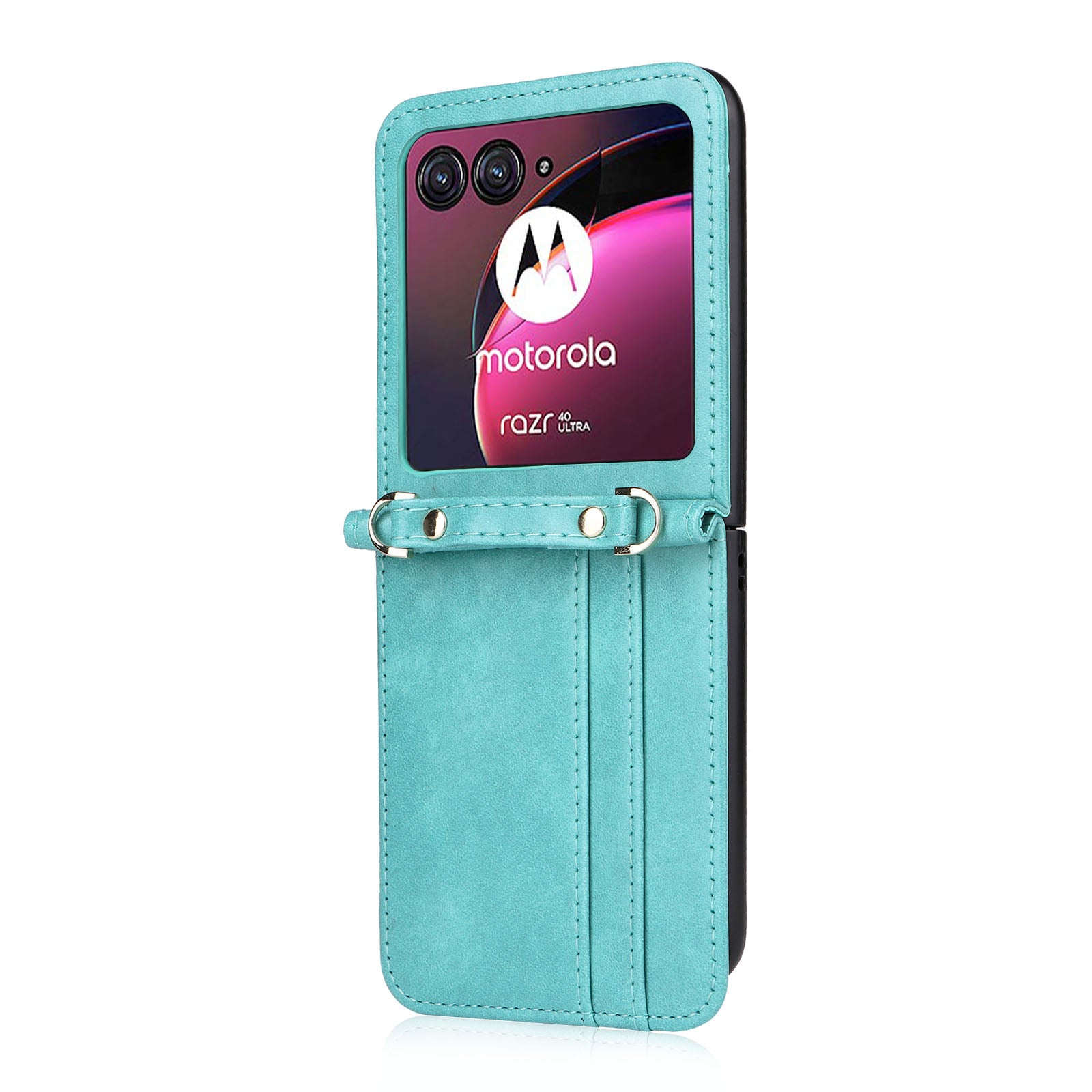 for Motorola Razr 40 Ultra 5G Hard PC + PU Leather Cover One-piece Design Card Slots Phone Case with Lanyard - Green