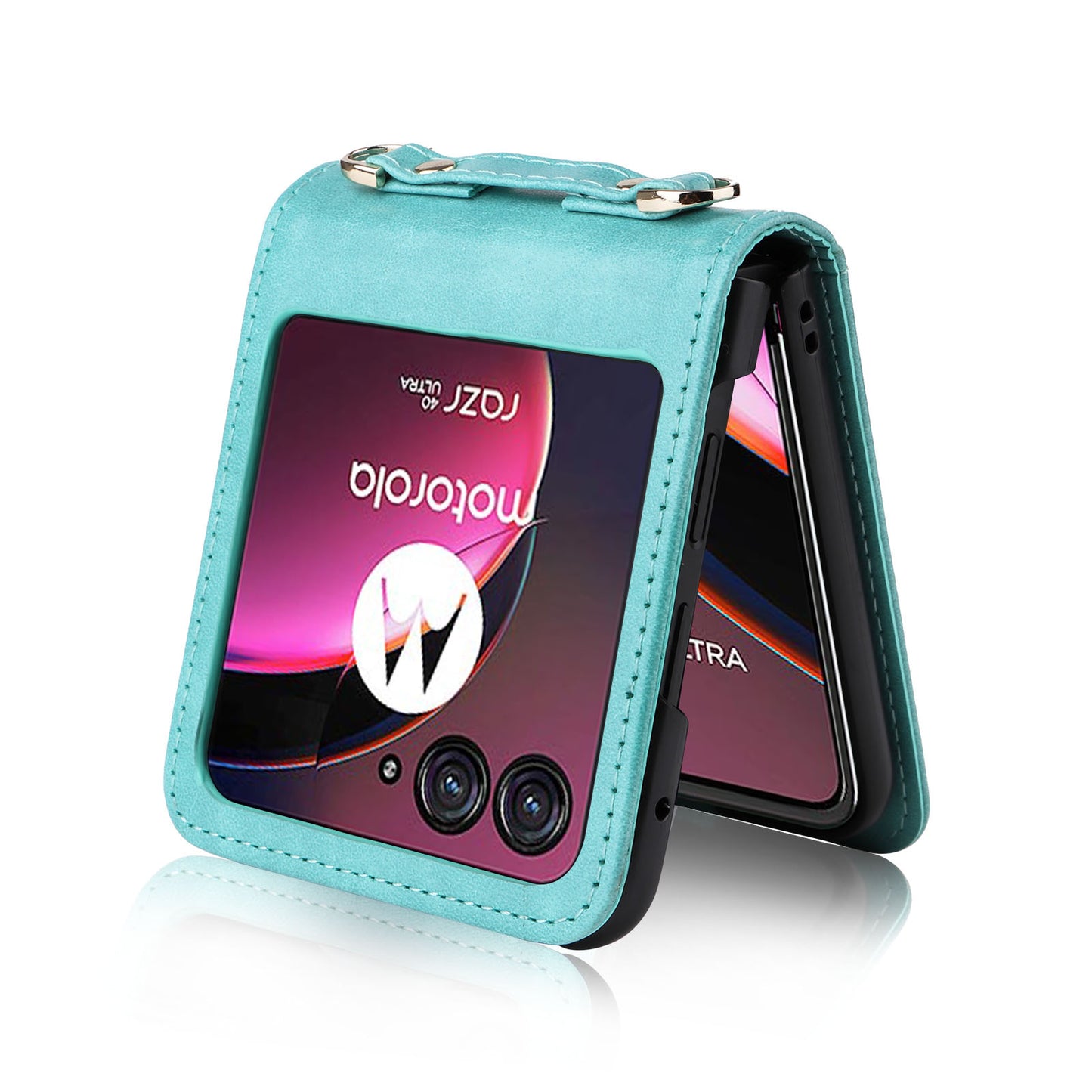 for Motorola Razr 40 Ultra 5G Hard PC + PU Leather Cover One-piece Design Card Slots Phone Case with Lanyard - Green