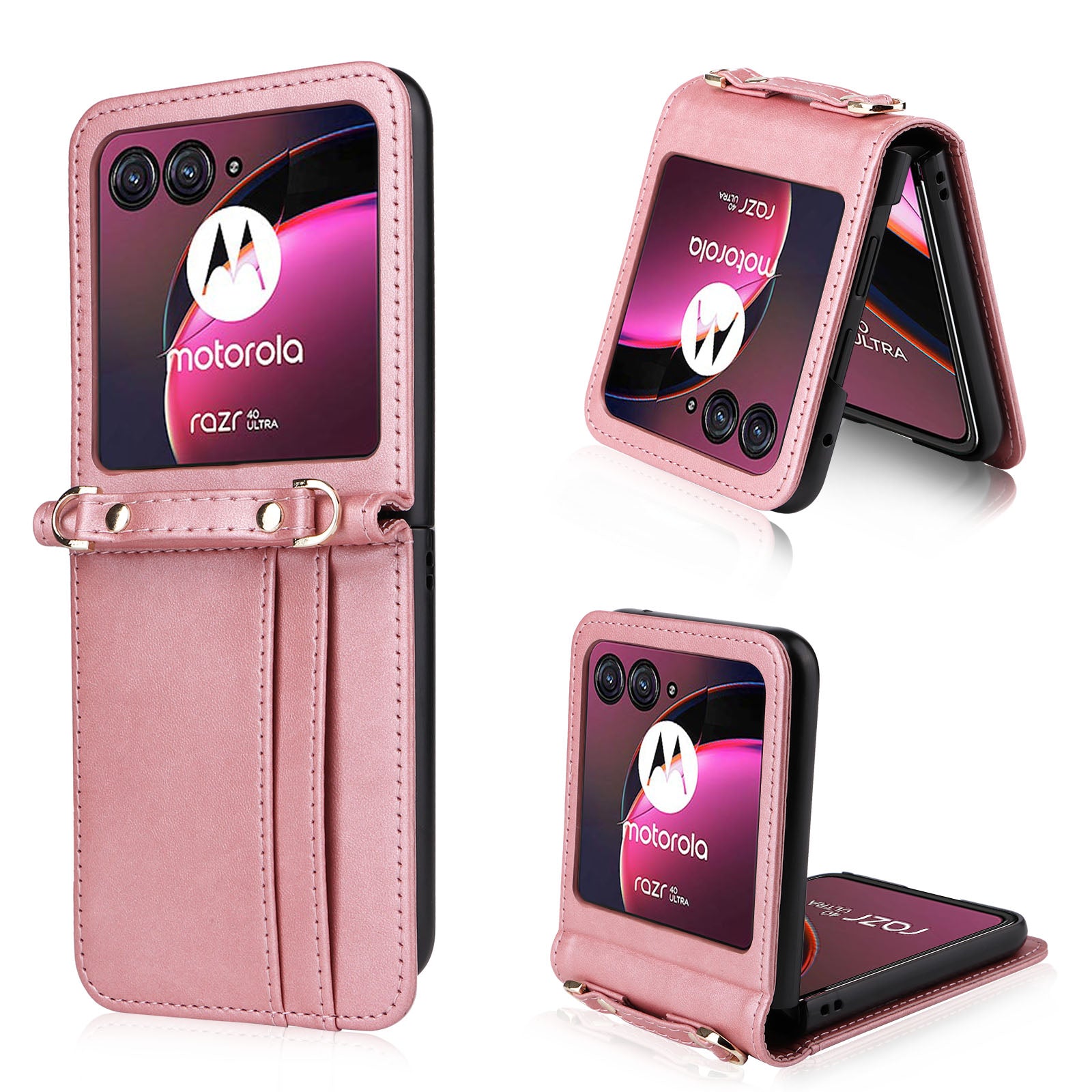 for Motorola Razr 40 Ultra 5G Hard PC + PU Leather Cover One-piece Design Card Slots Phone Case with Lanyard - Pink