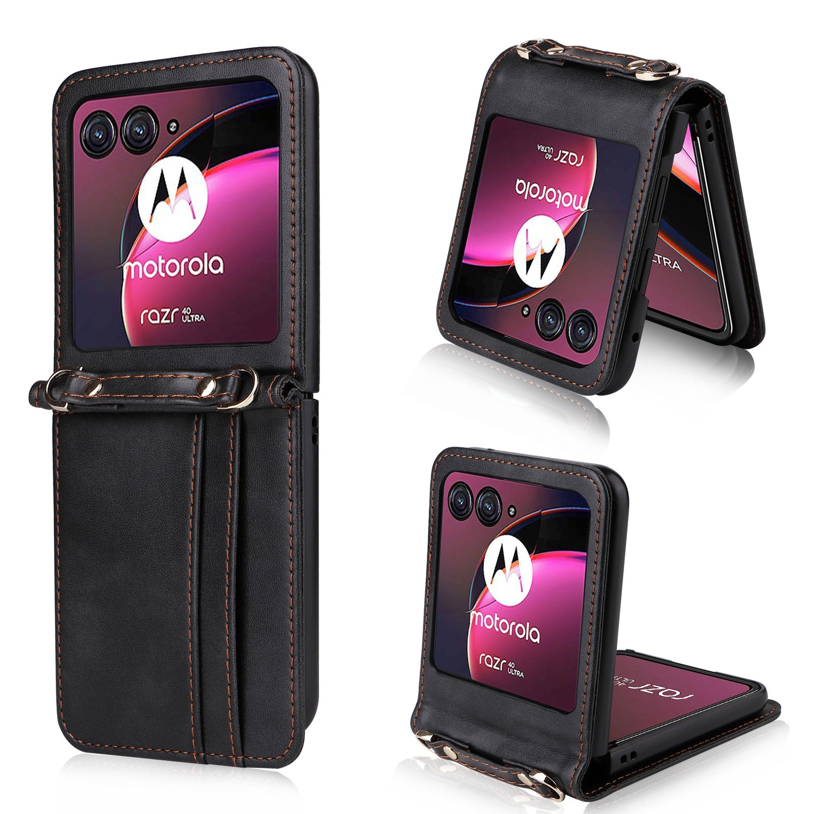 for Motorola Razr 40 Ultra 5G Hard PC + PU Leather Cover One-piece Design Card Slots Phone Case with Lanyard - Black