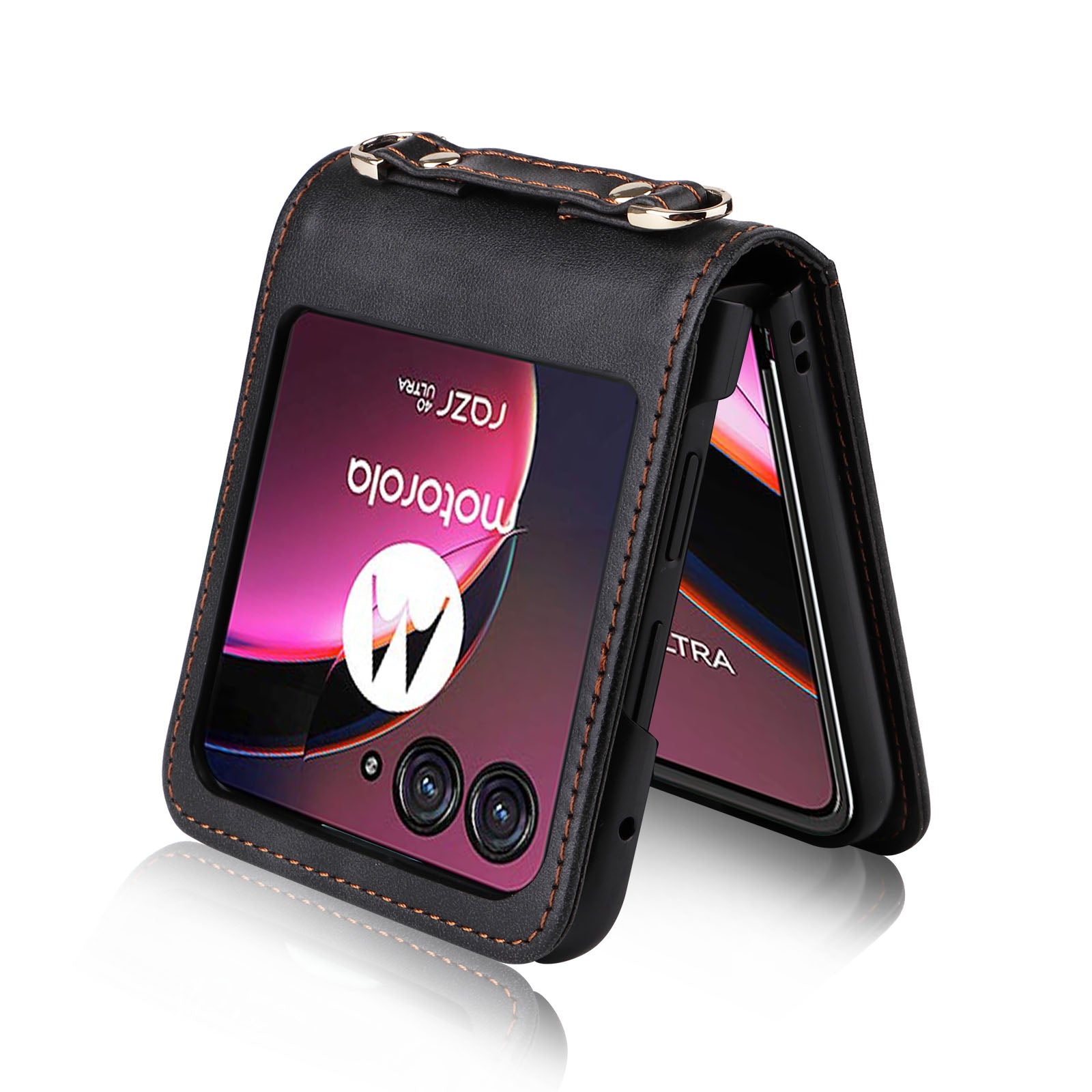 for Motorola Razr 40 Ultra 5G Hard PC + PU Leather Cover One-piece Design Card Slots Phone Case with Lanyard - Black