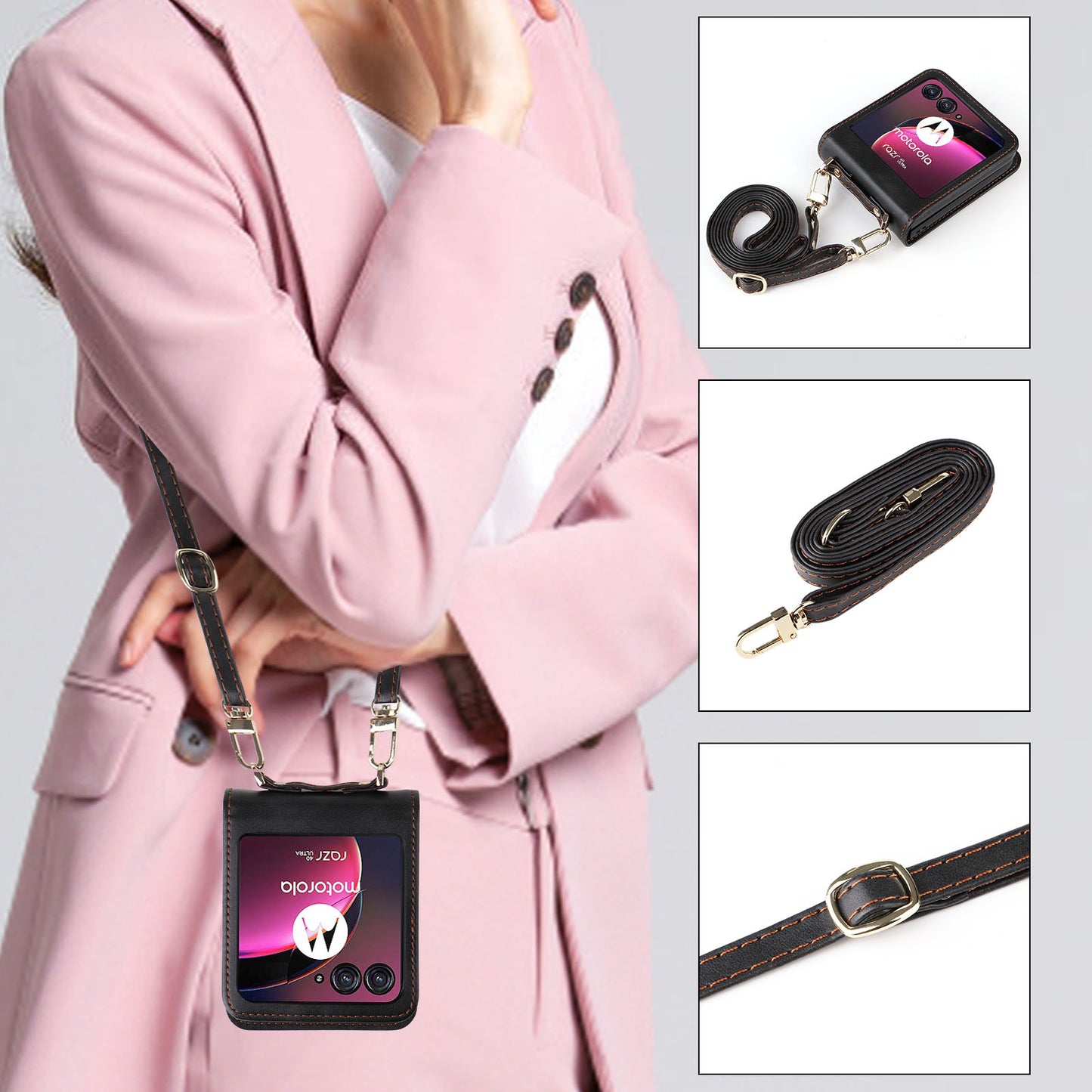 for Motorola Razr 40 Ultra 5G Hard PC + PU Leather Cover One-piece Design Card Slots Phone Case with Lanyard - Black