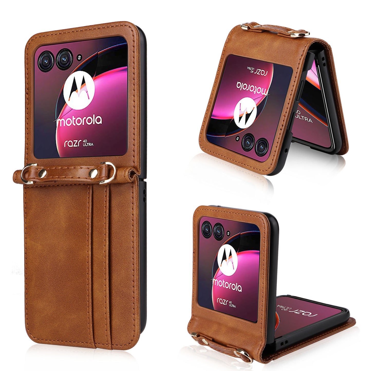 for Motorola Razr 40 Ultra 5G Hard PC + PU Leather Cover One-piece Design Card Slots Phone Case with Lanyard - Brown