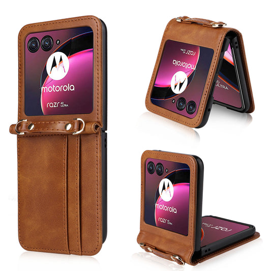 for Motorola Razr 40 Ultra 5G Hard PC + PU Leather Cover One-piece Design Card Slots Phone Case with Lanyard - Brown
