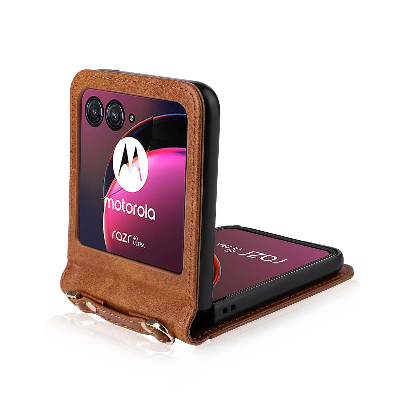 for Motorola Razr 40 Ultra 5G Hard PC + PU Leather Cover One-piece Design Card Slots Phone Case with Lanyard - Brown