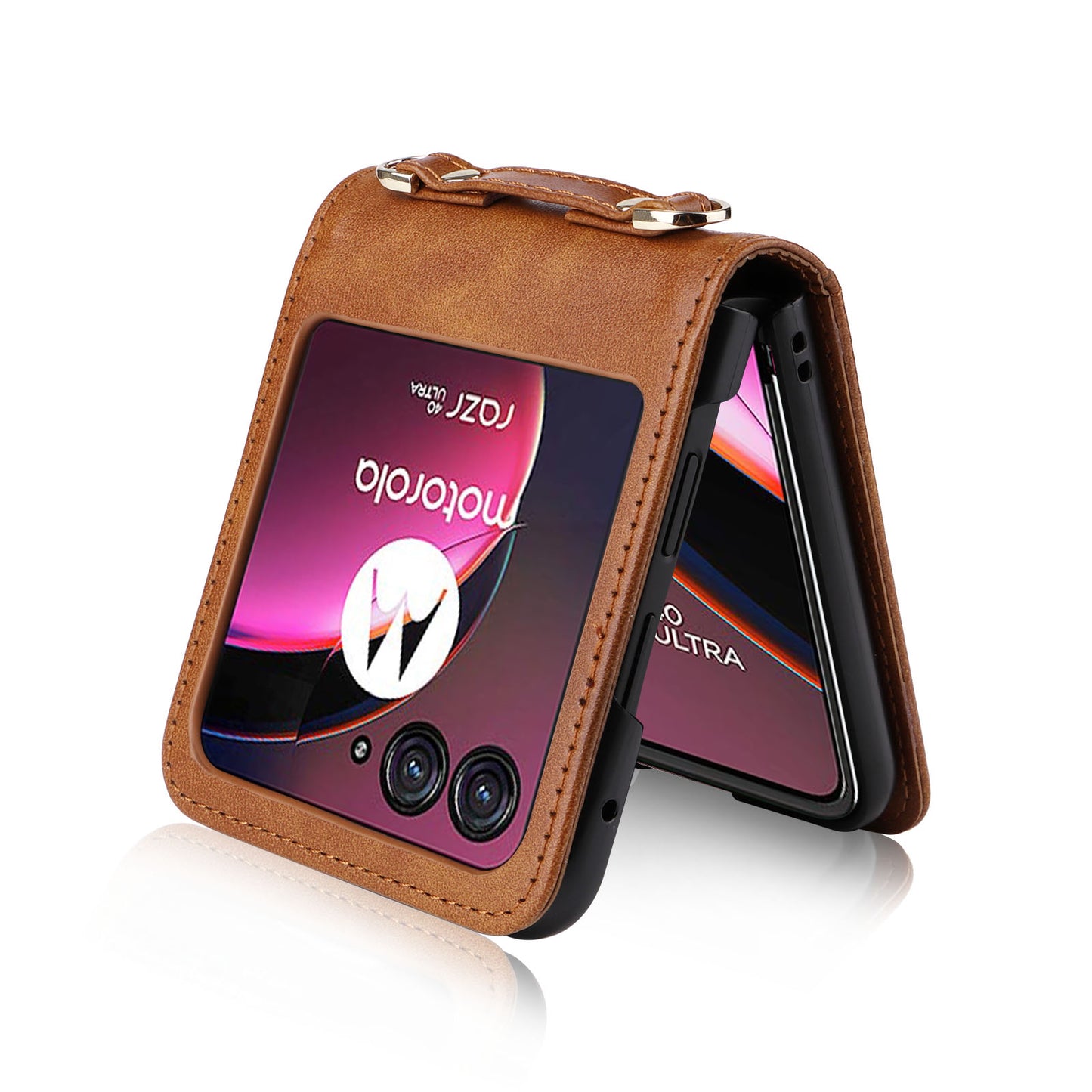 for Motorola Razr 40 Ultra 5G Hard PC + PU Leather Cover One-piece Design Card Slots Phone Case with Lanyard - Brown