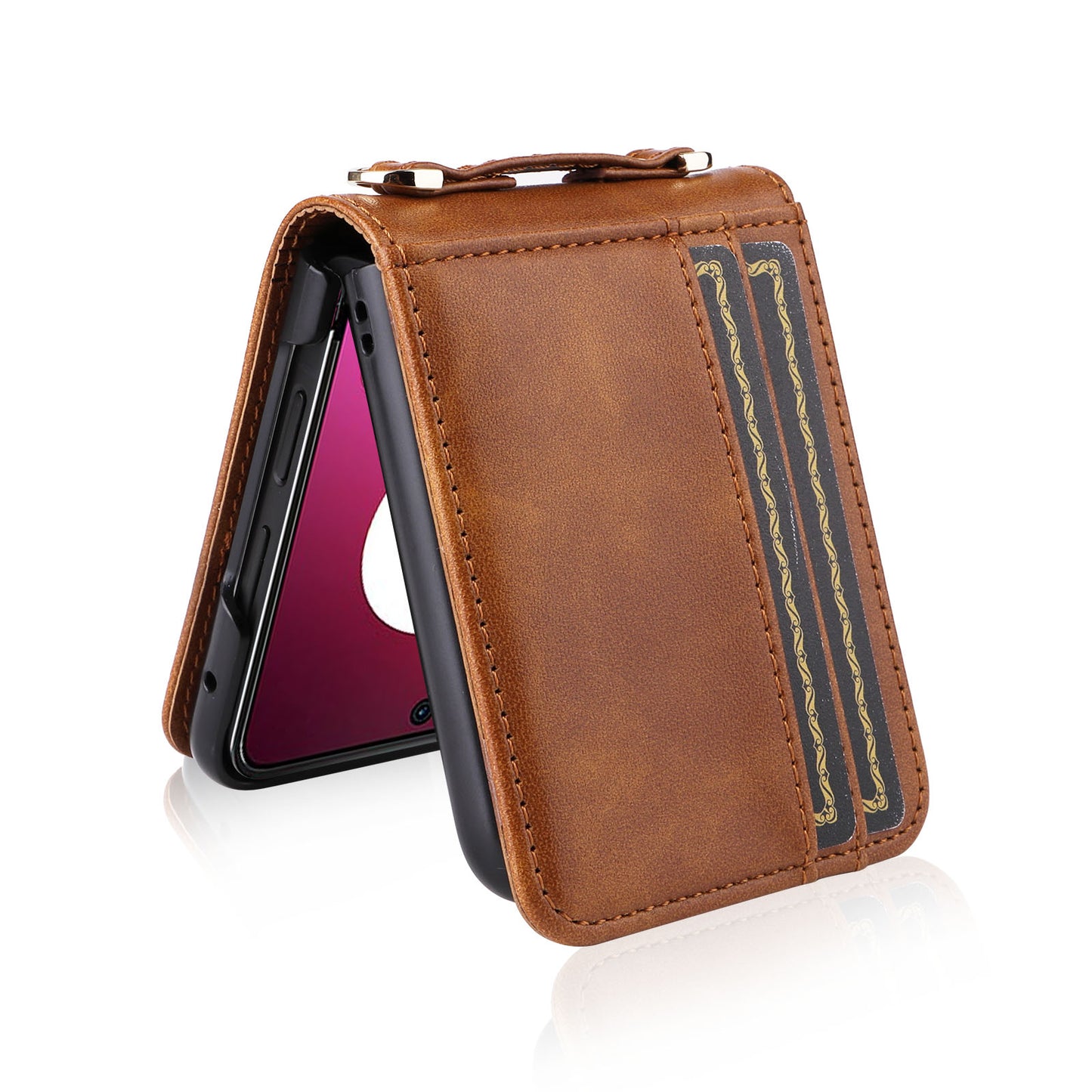 for Motorola Razr 40 Ultra 5G Hard PC + PU Leather Cover One-piece Design Card Slots Phone Case with Lanyard - Brown