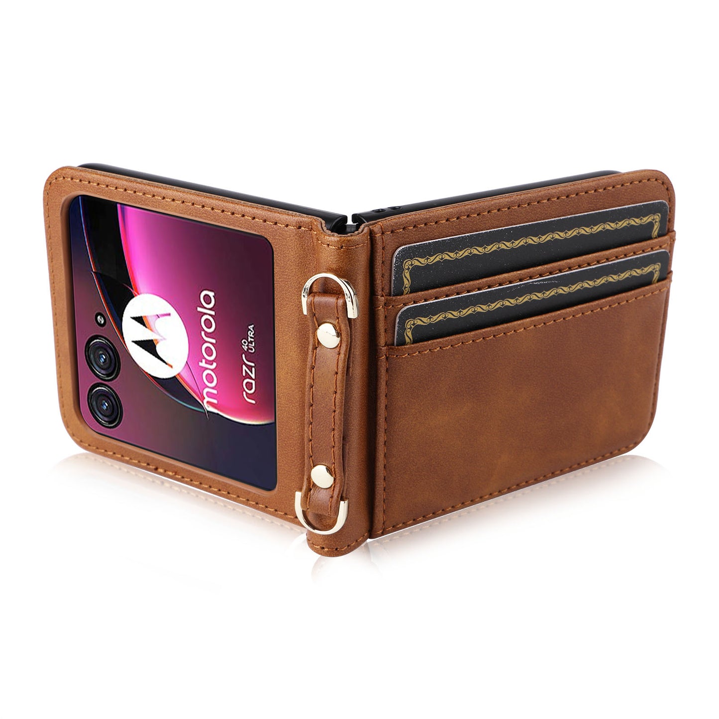 for Motorola Razr 40 Ultra 5G Hard PC + PU Leather Cover One-piece Design Card Slots Phone Case with Lanyard - Brown